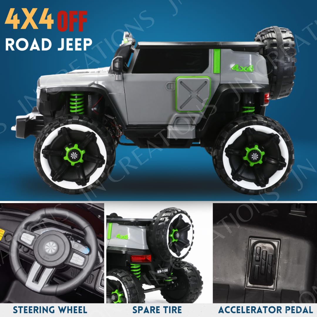 Grey and lime green 12V Kids Battery Operated 4X4 Heavy Duty Jumbo Ride on Jeep (Model WN-1166), a powerful electric toy car for adventurous children, ready for outdoor play. Usmile Toys."www.usmile.toys