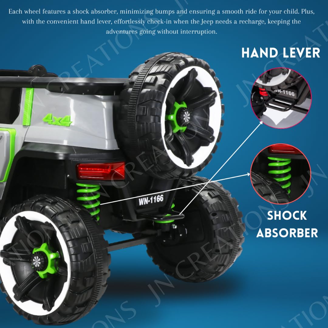 Heavy-duty 12V Battery Operated 4X4 Kids Ride on Jeep, Model WN-1166, in grey with vibrant green accents, featuring a large size and rugged tires for an immersive driving experience.