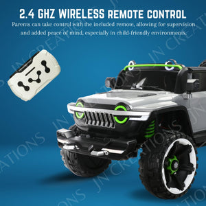 Heavy-duty 12V Battery Operated 4X4 Kids Ride on Jeep, Model WN-1166, in grey with vibrant green accents, featuring a large size and rugged tires for an immersive driving experience." www.usmile.toys