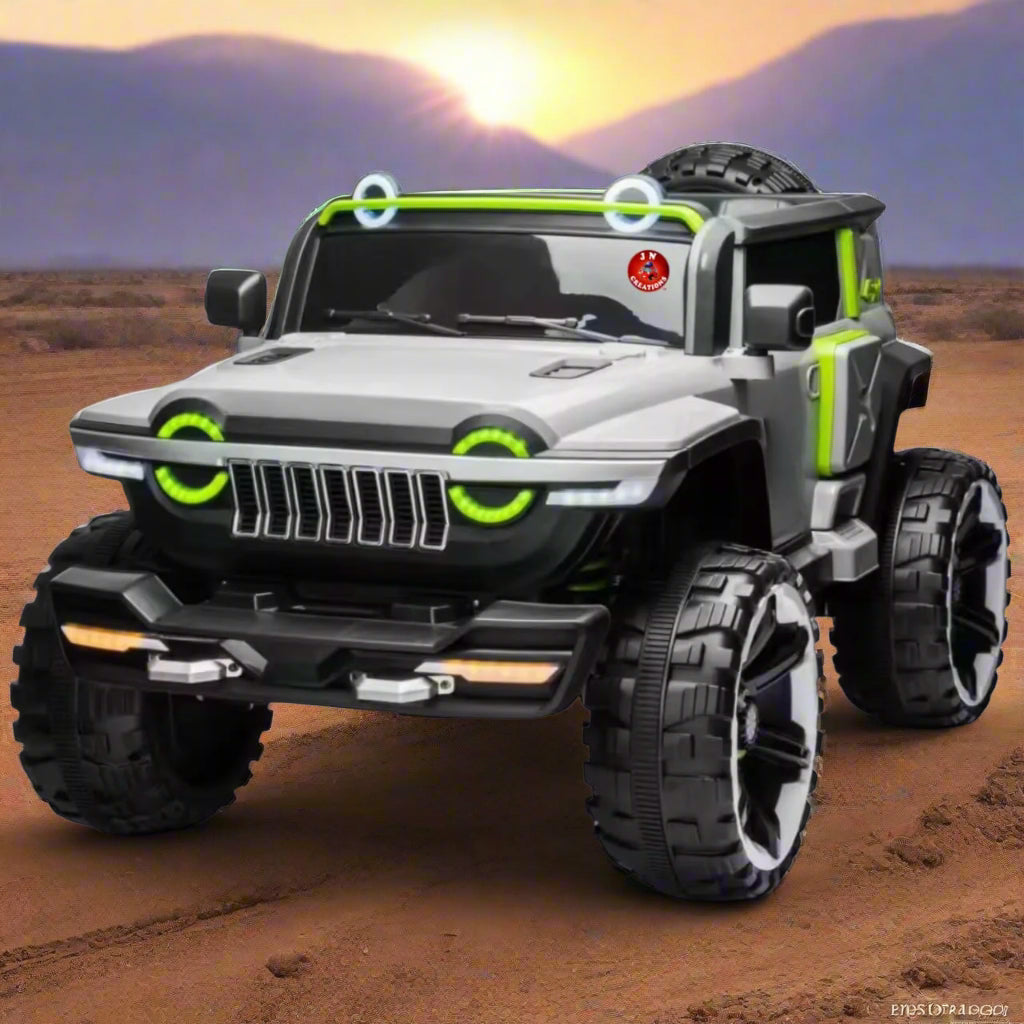 Grey and lime green 12V Kids Battery Operated 4X4 Heavy Duty Jumbo Ride on Jeep (Model WN-1166), a powerful electric toy car for adventurous children, ready for outdoor play. Usmile Toys."www.usmile.toys