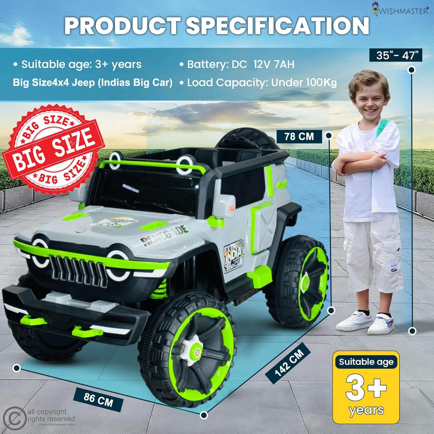 Children's toy jeep with specifications and a child standing next to it on a tiled floor.
