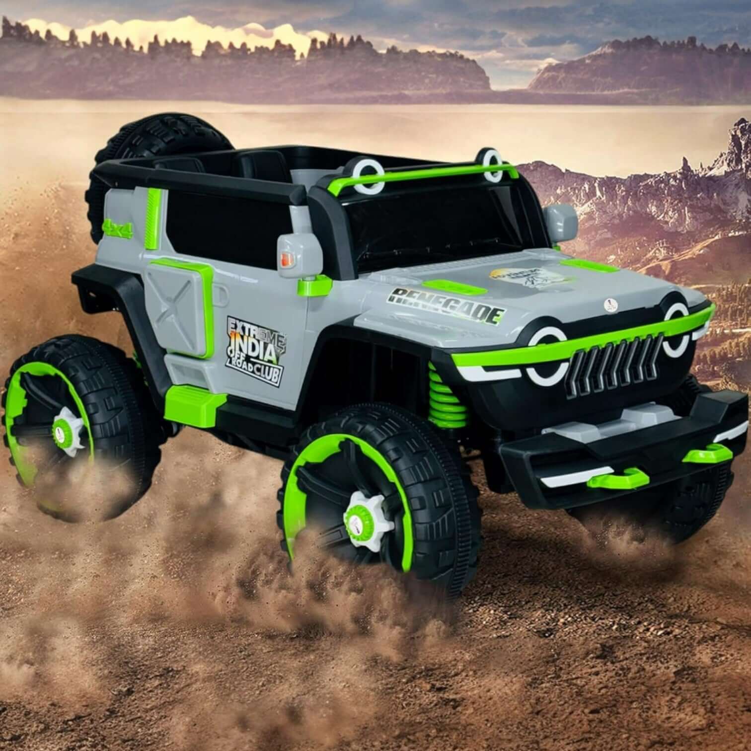 Toy off-road vehicle with green accents on a dirt surface with a mountainous background