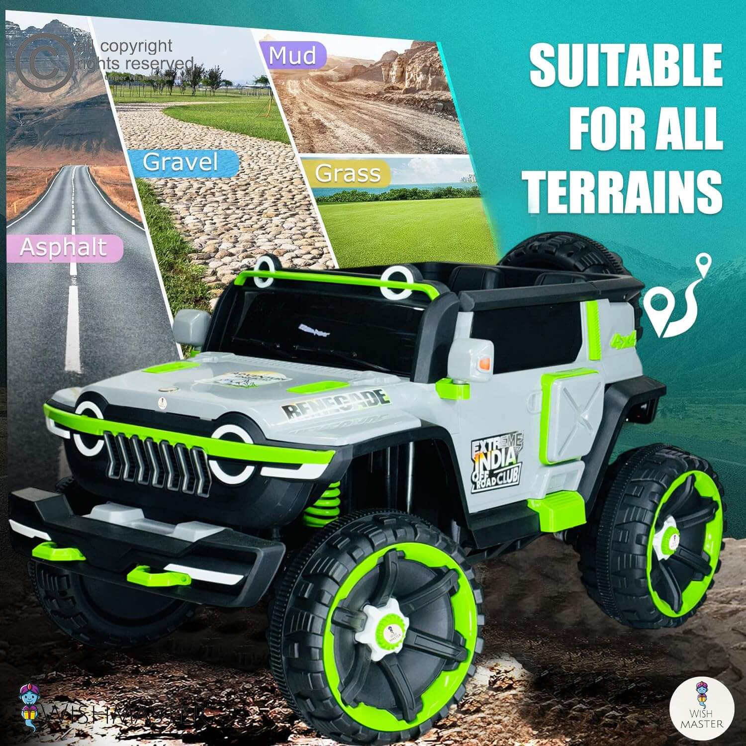 Toy truck with large wheels on a dirt road, surrounded by images of different terrains.