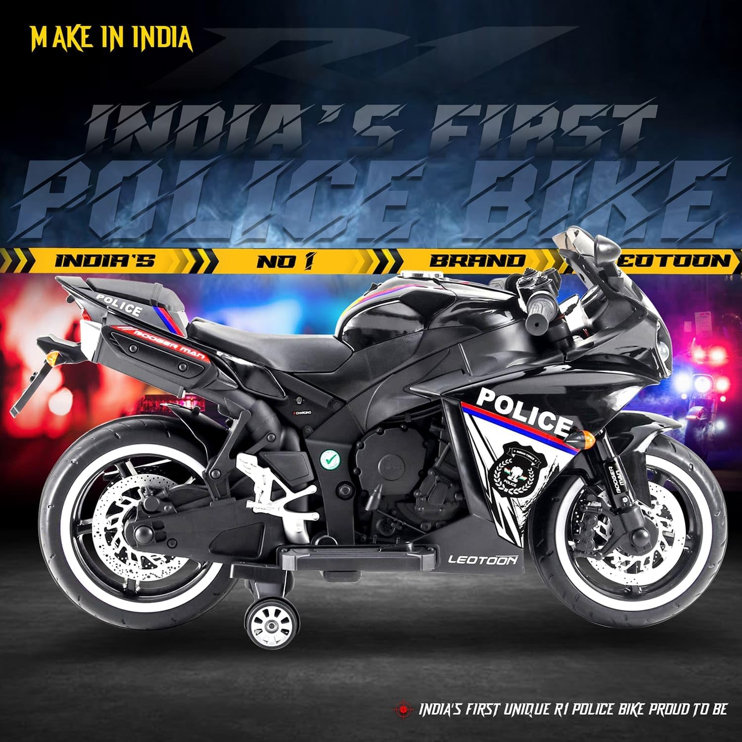 Kids' electric police ride-on bike with a 12V rechargeable battery, realistic lights and sounds, and a sleek black and white design, perfect for imaginative play. www.usmile.toys