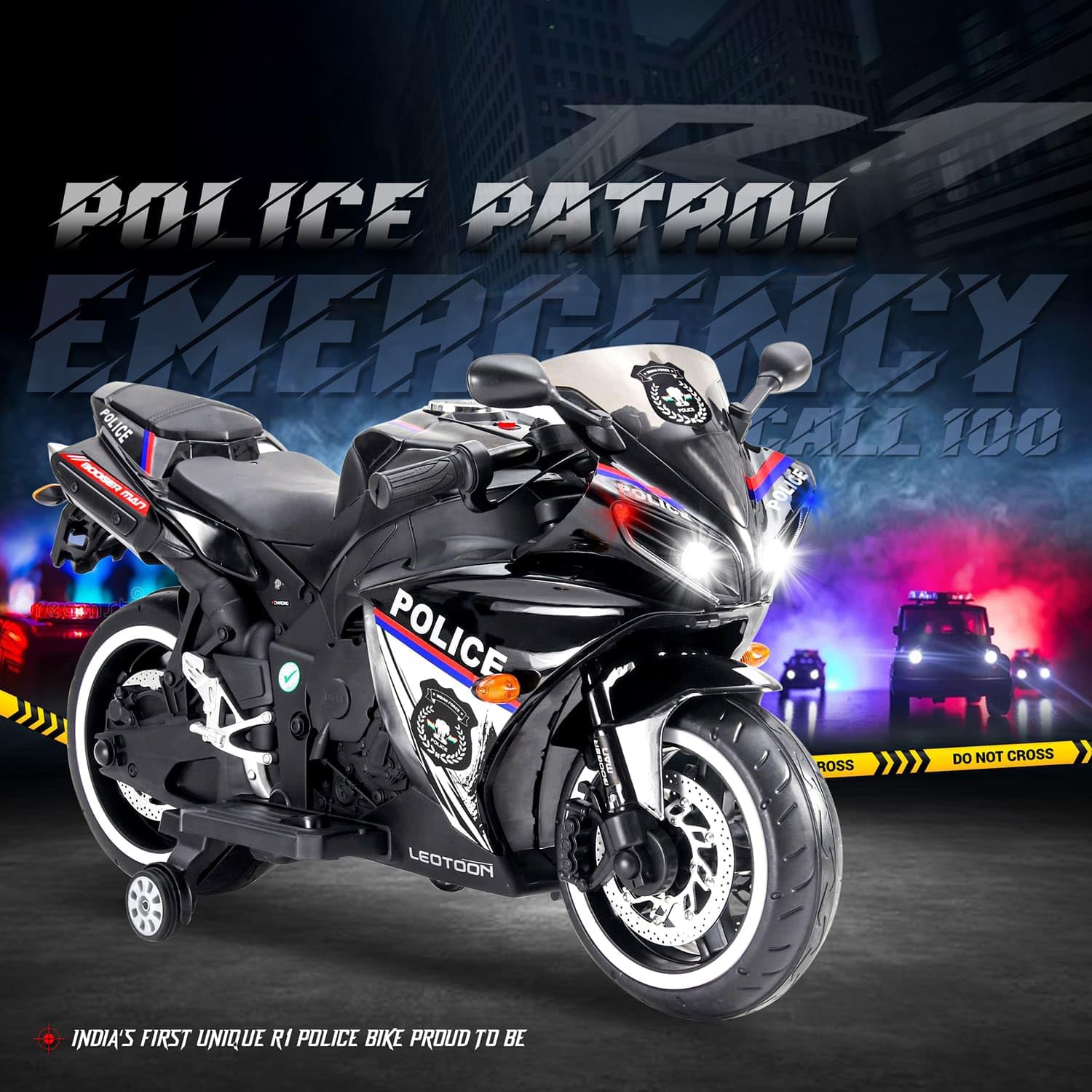 Black and white 12V Police Bike electric ride-on motorcycle for kids, featuring LED lights, police decals, and training wheels. A thrilling battery-operated toy for children from usmile.toys. www.usmile.toys