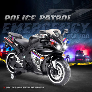Black and white 12V Police Bike electric ride-on motorcycle for kids, featuring LED lights, police decals, and training wheels. A thrilling battery-operated toy for children from usmile.toys. www.usmile.toys