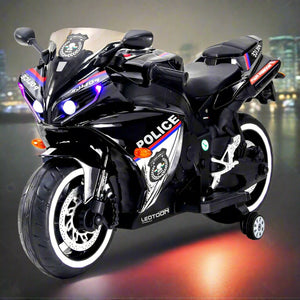 Black and white 12V Police Bike electric ride-on motorcycle for kids, featuring LED lights, police decals, and training wheels. A thrilling battery-operated toy for children from usmile.toys. www.usmile.toys
