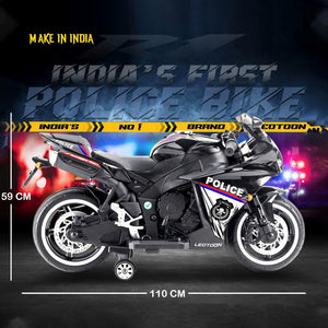  Kids' electric police ride-on bike with a 12V rechargeable battery, realistic lights and sounds, and a sleek black and white design, perfect for imaginative play. www.usmile.toys