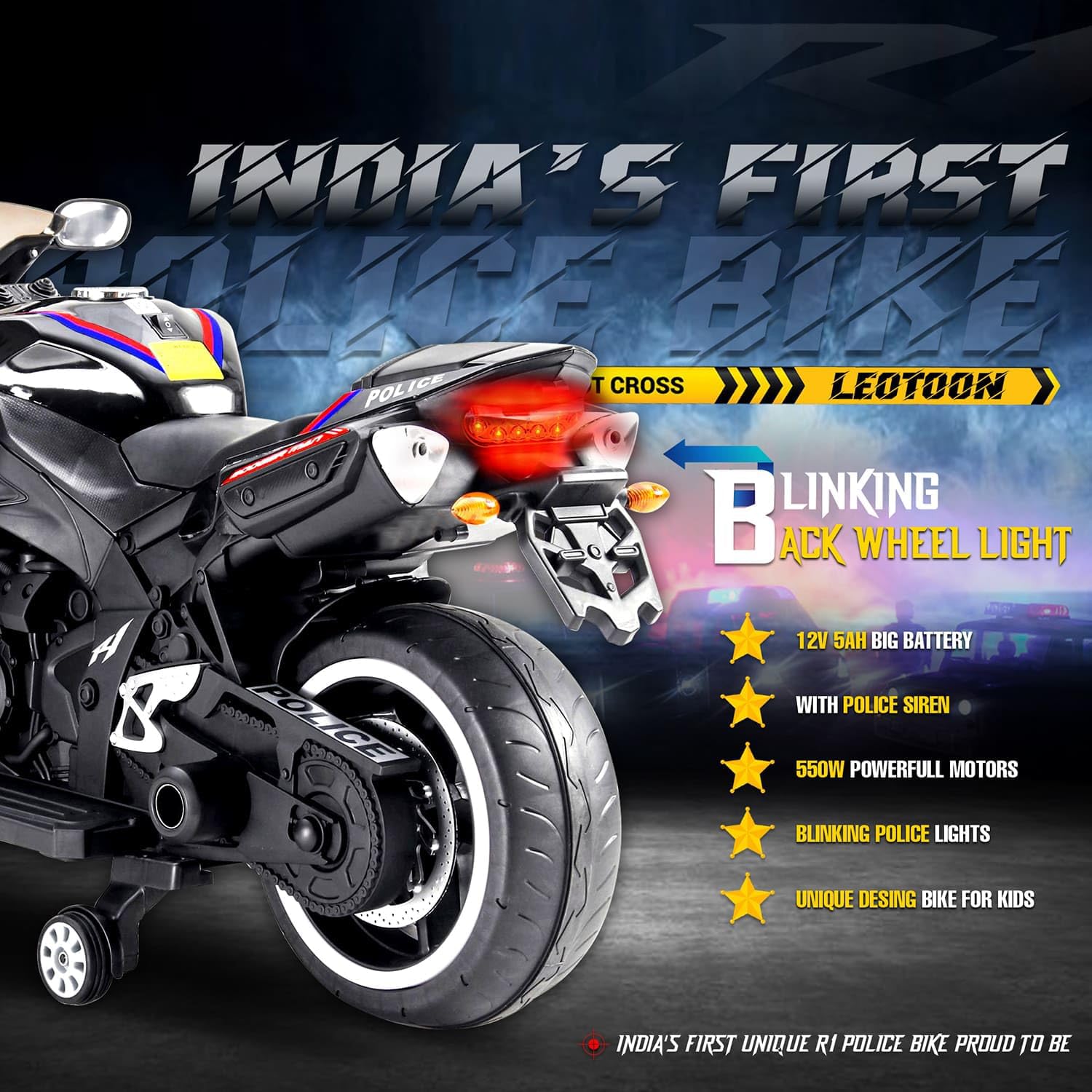 Kids' electric police ride-on bike with a 12V rechargeable battery, realistic lights and sounds, and a sleek black and white design, perfect for imaginative play. www.usmile.toys