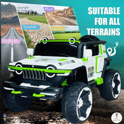 Toy truck with green accents on a background of different terrains