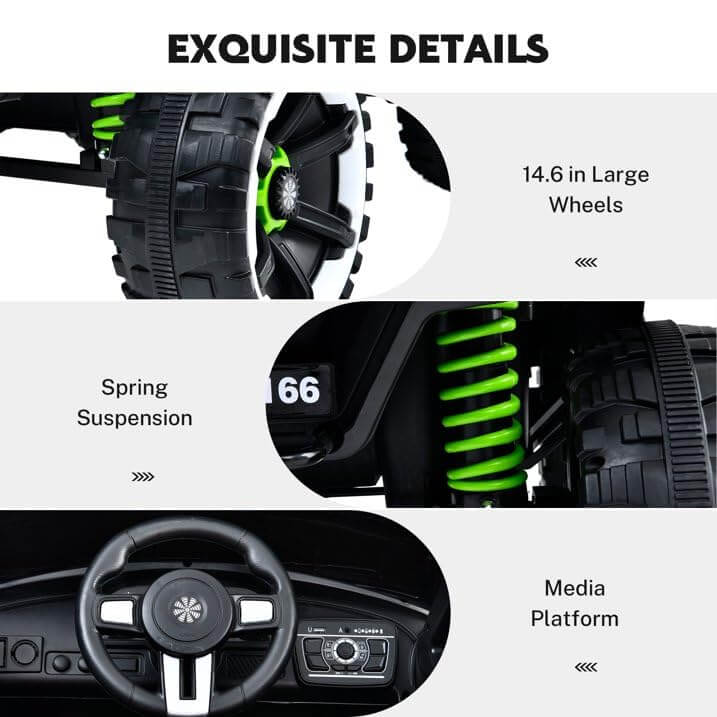 Close-up of a toy car with large wheels, spring suspension, and steering wheel.