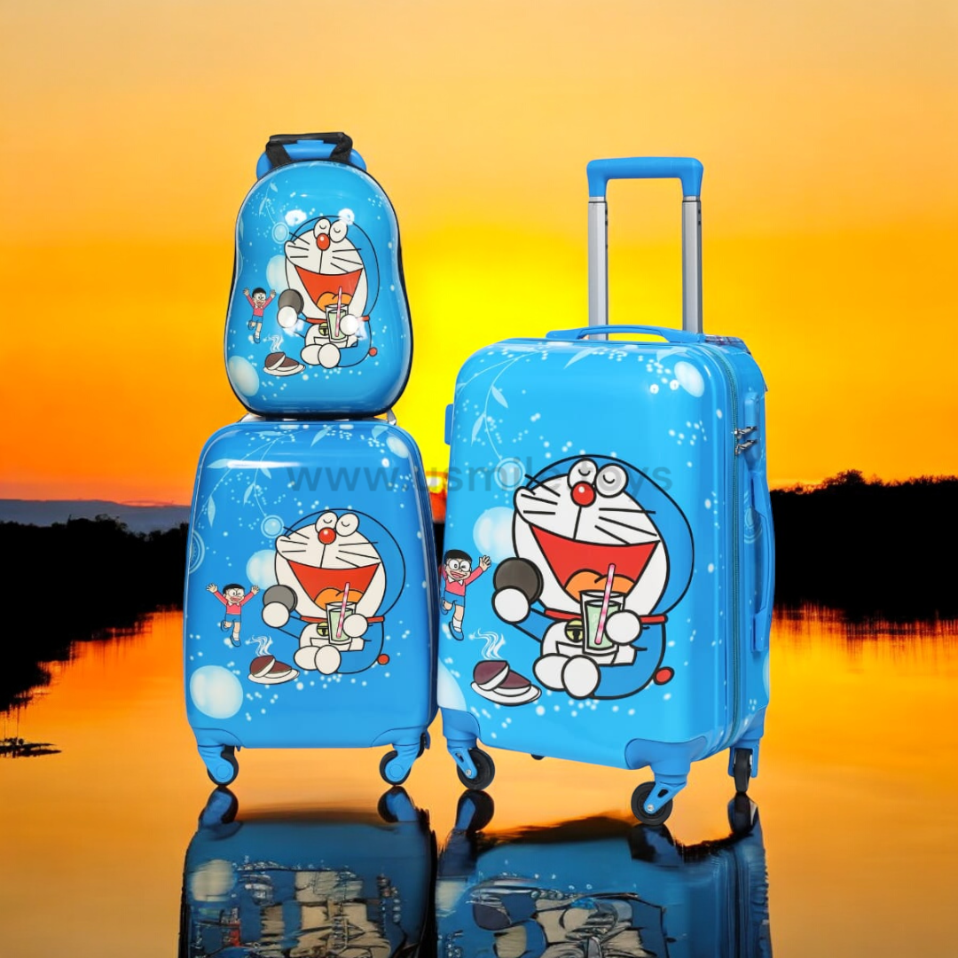 Blue Doraemon kids travel luggage 3 piece combo set, including a backpack, small trolley, and large trolley bag. Perfect children's travel bags for www.usmile.toys