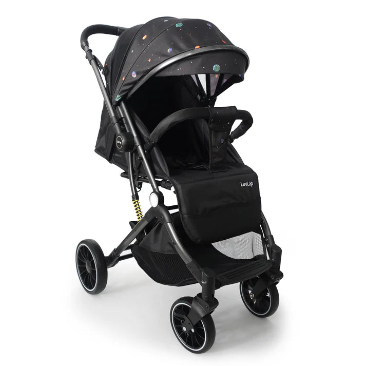 Modern black Luvlap Alpha Baby Stroller with a comfortable seat, adjustable canopy featuring a colorful planet and star design, and sturdy wheels. Designed for infant and toddler travel. From uSmile.toys." www.usmile.toys