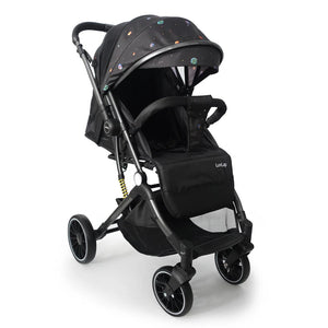 Modern black Luvlap Alpha Baby Stroller with a comfortable seat, adjustable canopy featuring a colorful planet and star design, and sturdy wheels. Designed for infant and toddler travel. From uSmile.toys." www.usmile.toys