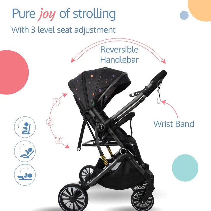 Modern black Luvlap Alpha Baby Stroller with a comfortable seat, adjustable canopy featuring a colorful planet and star design, and sturdy wheels. Designed for infant and toddler travel. From uSmile.toys." www.usmile.toys