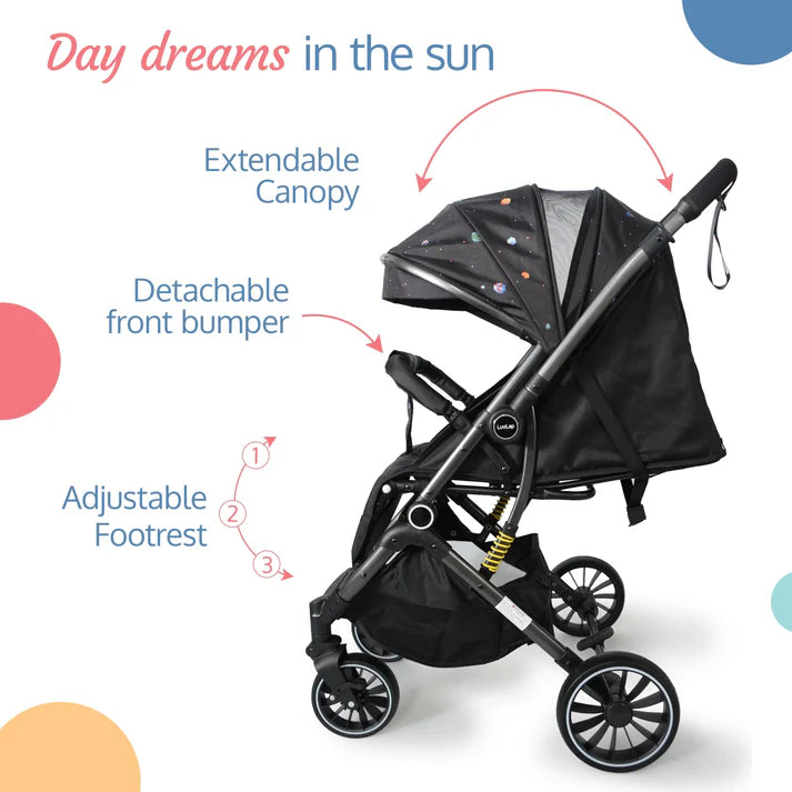 Modern black Luvlap Alpha Baby Stroller with a comfortable seat, adjustable canopy featuring a colorful planet and star design, and sturdy wheels. Designed for infant and toddler travel. From uSmile.toys." www.usmile.toys