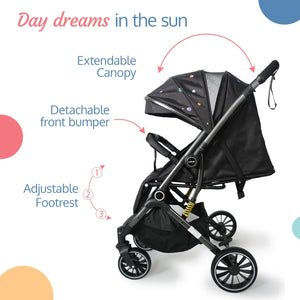 Modern black Luvlap Alpha Baby Stroller with a comfortable seat, adjustable canopy featuring a colorful planet and star design, and sturdy wheels. Designed for infant and toddler travel. From uSmile.toys." www.usmile.toys