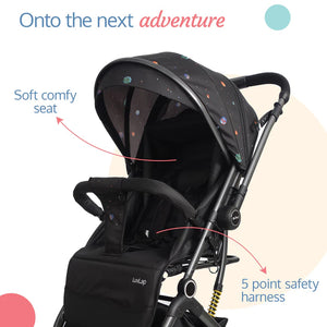 Experience effortless strolls with the Luvlap Alpha Baby Stroller, offering comfort and style for your child with its unique space-themed canopy. Perfect for daily commutes and adventures. Available at uSmile.toys."