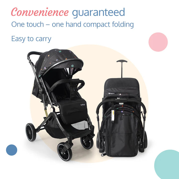 Experience effortless strolls with the Luvlap Alpha Baby Stroller, offering comfort and style for your child with its unique space-themed canopy. Perfect for daily commutes and adventures. Available at uSmile.toys." www.usmile.toys