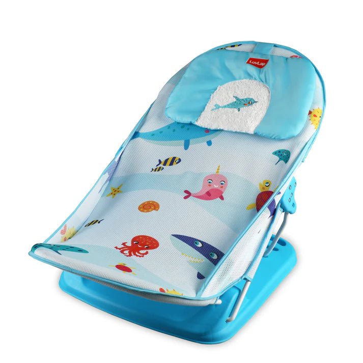 Light blue Luvlap Baby Bather with a mesh seat featuring colorful sea animal designs including an octopus, shark, narwhal, and a dolphin on the headrest. Ideal for comfortable and safe infant bathing. From uSmile.toys." www.usmile.toys