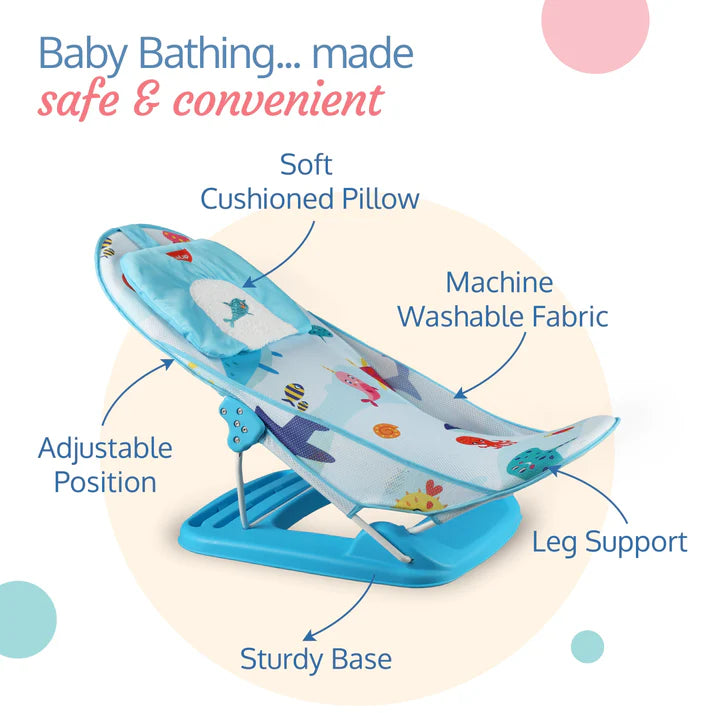 Light blue Luvlap Baby Bather with a mesh seat featuring colorful sea animal designs including an octopus, shark, narwhal, and a dolphin on the headrest. Ideal for comfortable and safe infant bathing. From uSmile.toys." www.usmile.toys