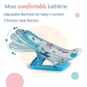 Light blue Luvlap Baby Bather with a mesh seat featuring colorful sea animal designs including an octopus, shark, narwhal, and a dolphin on the headrest. Ideal for comfortable and safe infant bathing. From uSmile.toys." www.usmile.toys