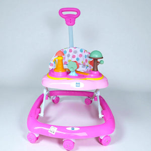 "Vibrant pink MeeMee Baby Walker with an interactive toy tray and adjustable push handle, perfect for babies 9+ months learning to walk and supporting early mobility. Usmile Toys."