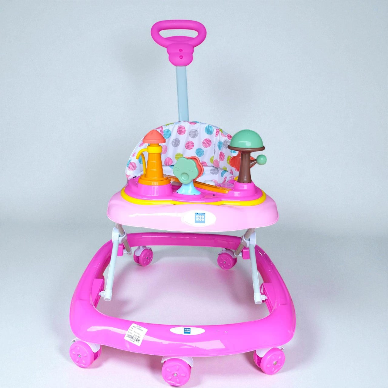 "Vibrant pink MeeMee Baby Walker with an interactive toy tray and adjustable push handle, perfect for babies 9+ months learning to walk and supporting early mobility. Usmile Toys."