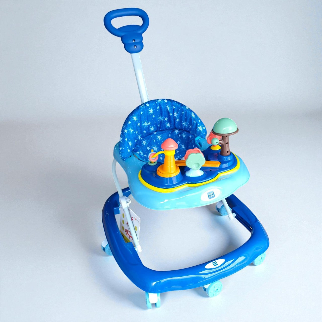 "Vibrant blue MeeMee Baby Walker with an interactive toy tray and adjustable push handle, perfect for babies 9+ months learning to walk and supporting early mobility. Usmile Toys."