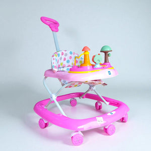 "Vibrant pink MeeMee Baby Walker with an interactive toy tray and adjustable push handle, perfect for babies 9+ months learning to walk and supporting early mobility. Usmile Toys."