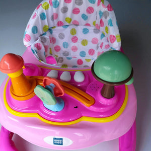 "Vibrant pink MeeMee Baby Walker with an interactive toy tray and adjustable push handle, perfect for babies 9+ months learning to walk and supporting early mobility. Usmile Toys."