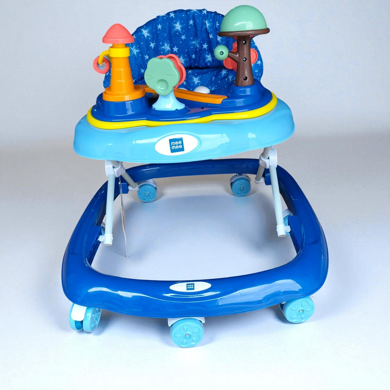 "Vibrant blue MeeMee Baby Walker with an interactive toy tray and adjustable push handle, perfect for babies 9+ months learning to walk and supporting early mobility. Usmile Toys."