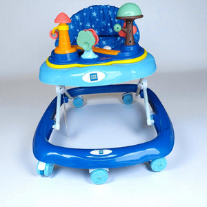 "Vibrant blue MeeMee Baby Walker with an interactive toy tray and adjustable push handle, perfect for babies 9+ months learning to walk and supporting early mobility. Usmile Toys."