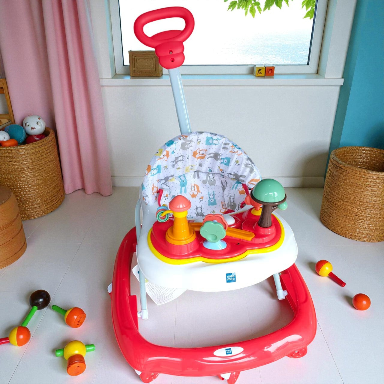 "Vibrant Red MeeMee Baby Walker with an interactive toy tray and adjustable push handle, perfect for babies 9+ months learning to walk and supporting early mobility. Usmile Toys."