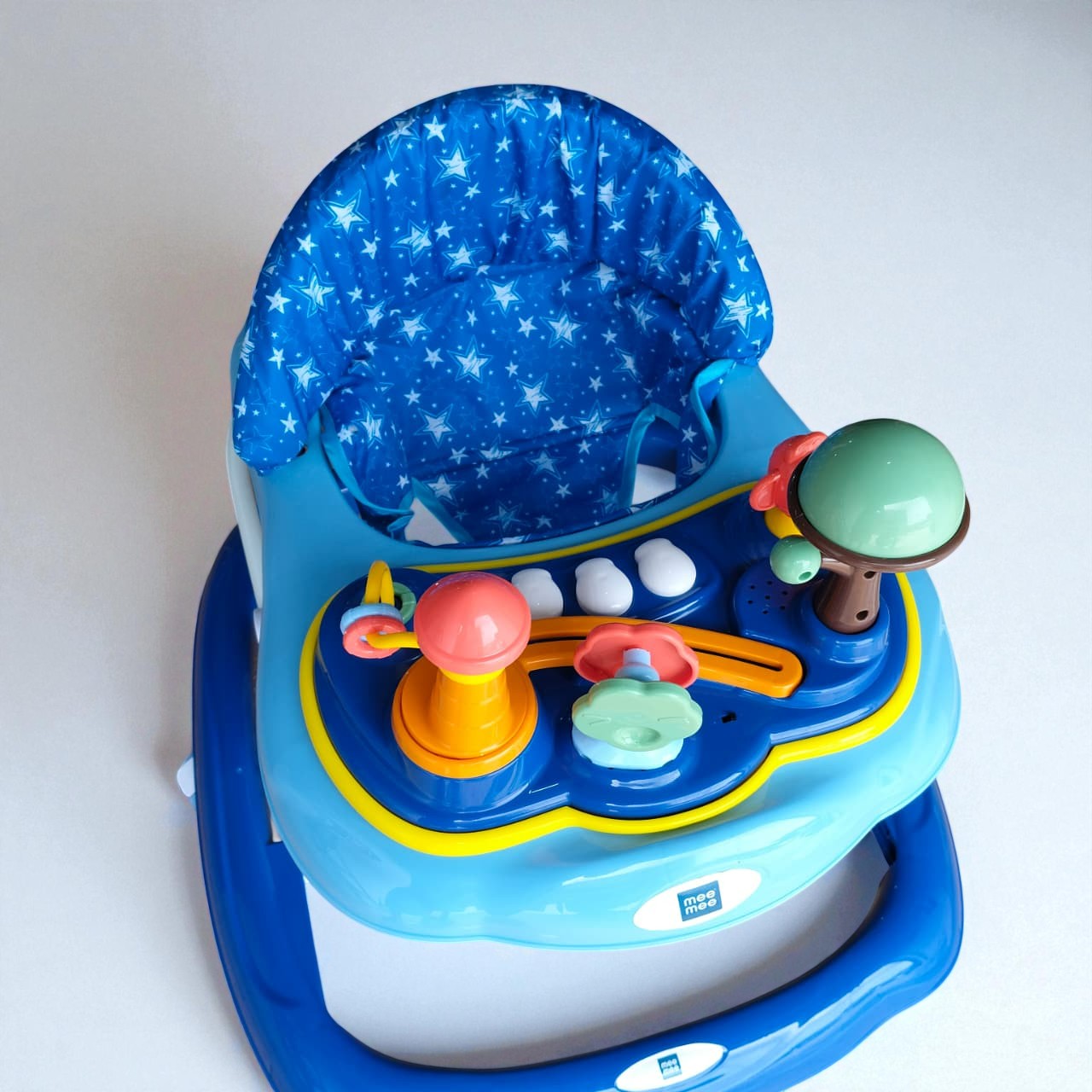 "Vibrant blue MeeMee Baby Walker with an interactive toy tray and adjustable push handle, perfect for babies 9+ months learning to walk and supporting early mobility. Usmile Toys."