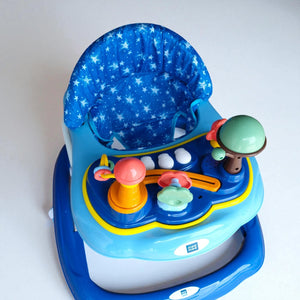 "Vibrant blue MeeMee Baby Walker with an interactive toy tray and adjustable push handle, perfect for babies 9+ months learning to walk and supporting early mobility. Usmile Toys."