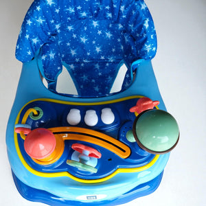 "Vibrant blue MeeMee Baby Walker with an interactive toy tray and adjustable push handle, perfect for babies 9+ months learning to walk and supporting early mobility. Usmile Toys."