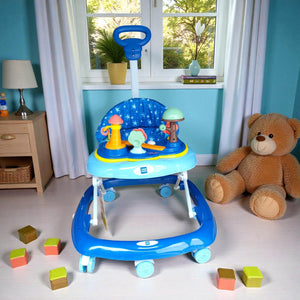 "Vibrant blue MeeMee Baby Walker with an interactive toy tray and adjustable push handle, perfect for babies 9+ months learning to walk and supporting early mobility. Usmile Toys."