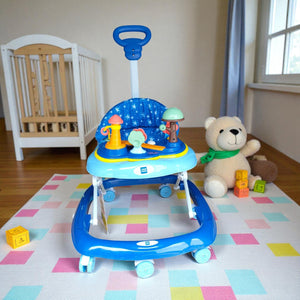 "Vibrant blue MeeMee Baby Walker with an interactive toy tray and adjustable push handle, perfect for babies 9+ months learning to walk and supporting early mobility. Usmile Toys."