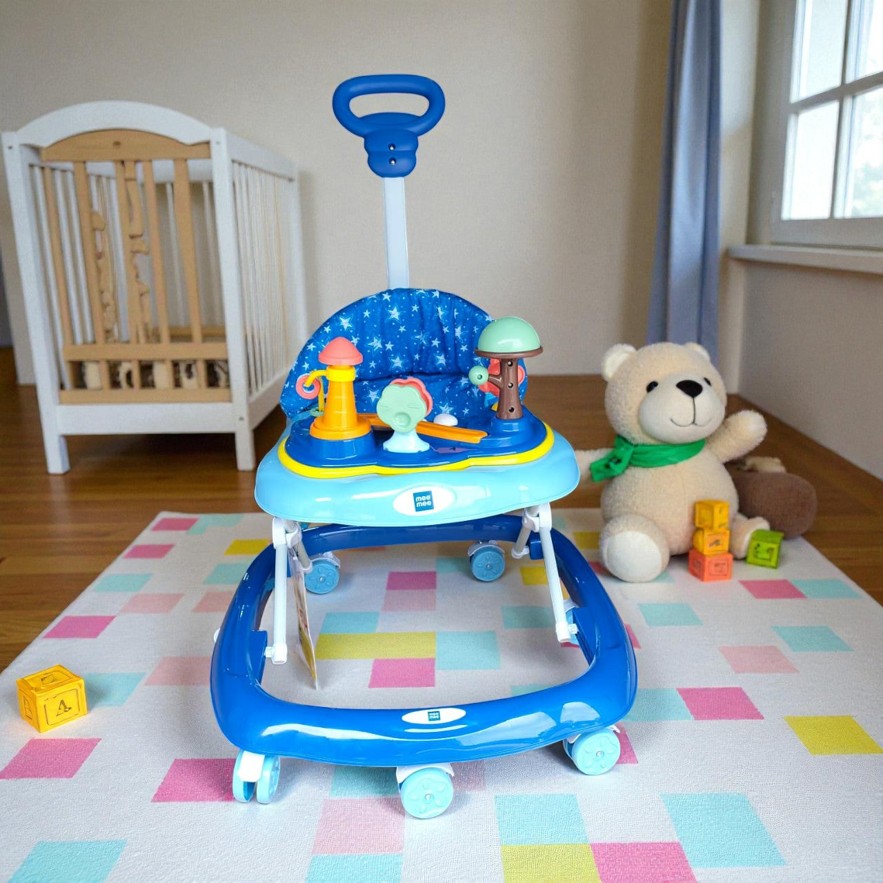 "Vibrant blue MeeMee Baby Walker with an interactive toy tray and adjustable push handle, perfect for babies 9+ months learning to walk and supporting early mobility. Usmile Toys."
