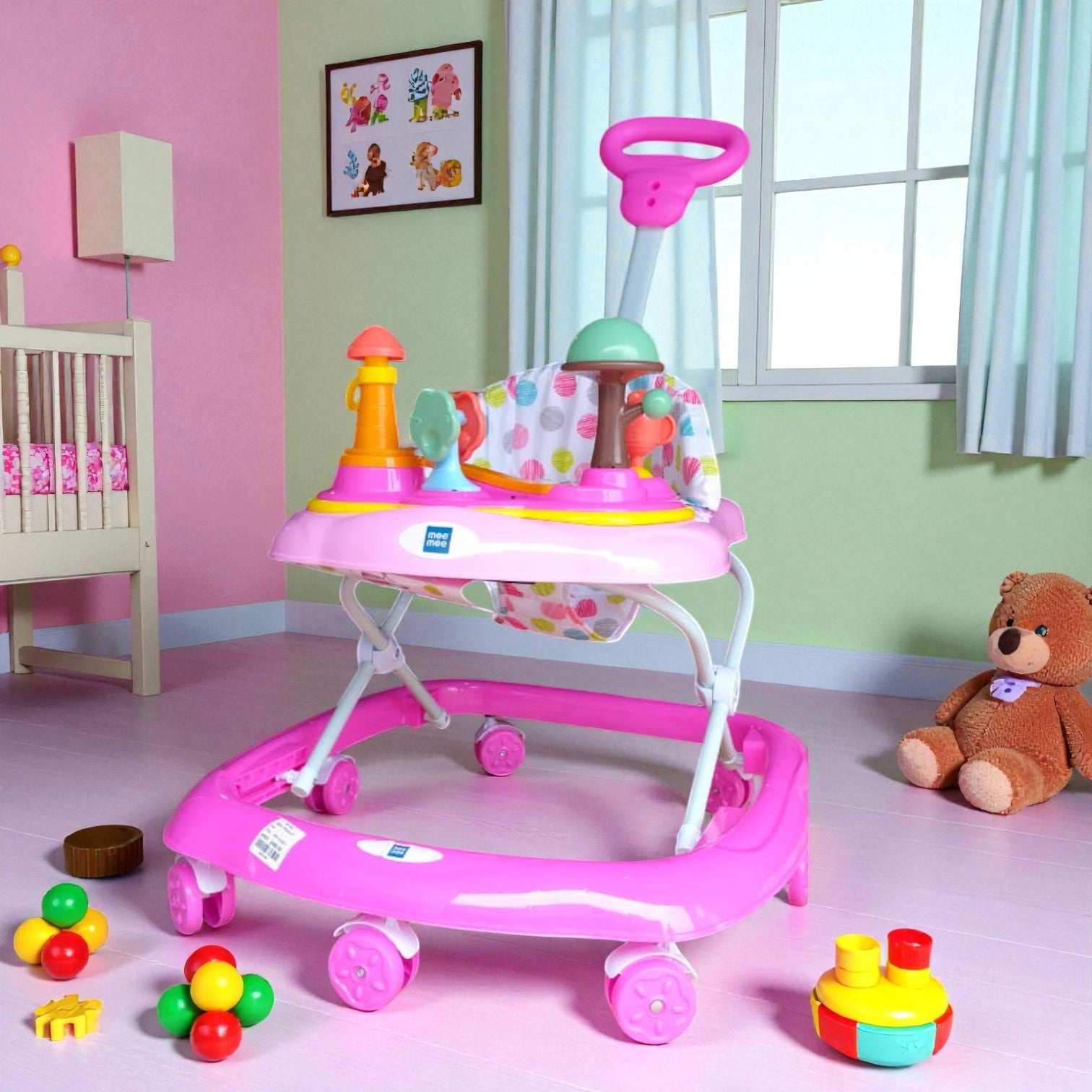 "Vibrant pink MeeMee Baby Walker with an interactive toy tray and adjustable push handle, perfect for babies 9+ months learning to walk and supporting early mobility. Usmile Toys"