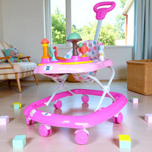 "Vibrant pink MeeMee Baby Walker with an interactive toy tray and adjustable push handle, perfect for babies 9+ months learning to walk and supporting early mobility. Usmile Toys."