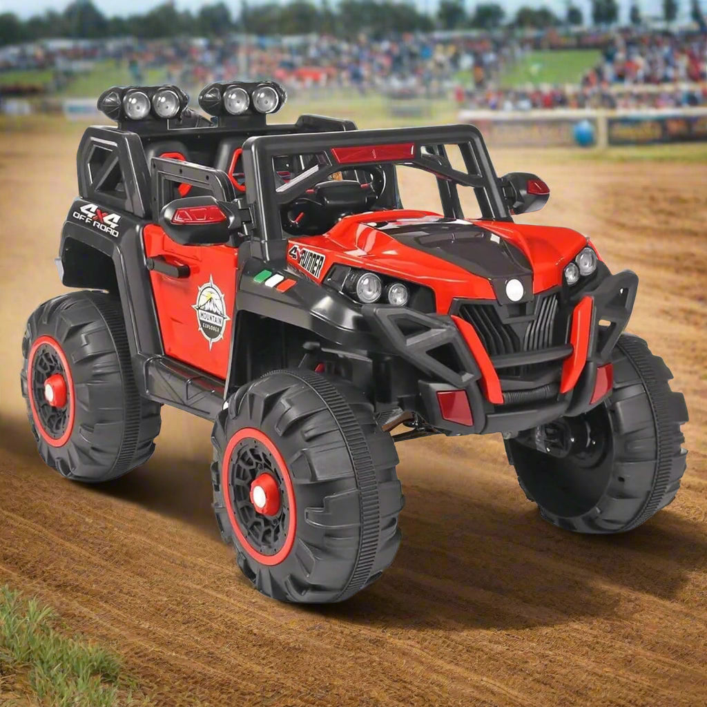 "Red and black Battery Operated 4x4 Jeep ride-on toy for kids, featuring realistic lights, mu www.usmile.toys