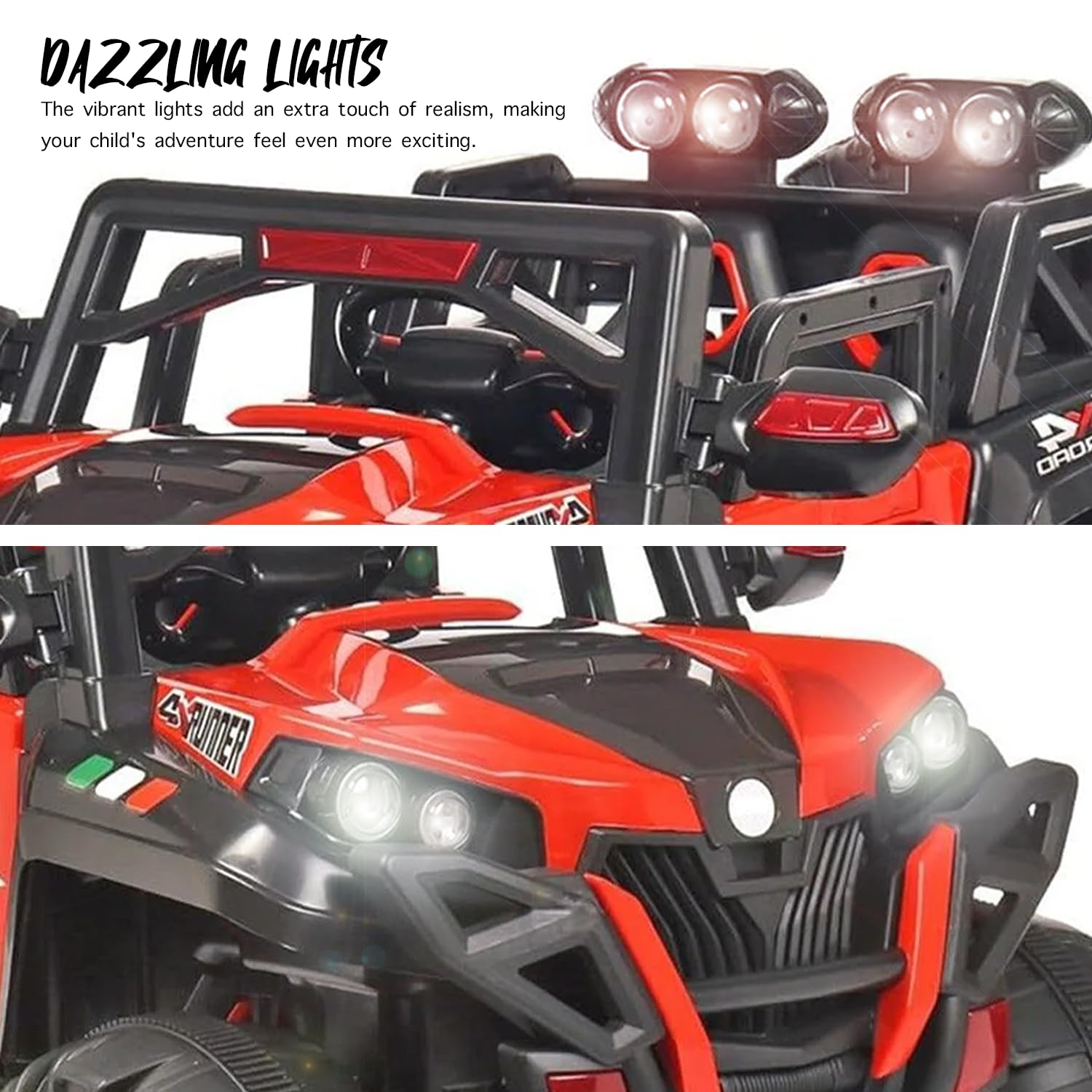 Red and black Battery Operated 4x4 Jeep ride-on toy for kids, featuring realistic lights, mu www.usmile.toys