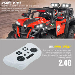 Red and black Battery Operated 4x4 Jeep ride-on toy for kids, featuring realistic lights, mu www.usmile.toys