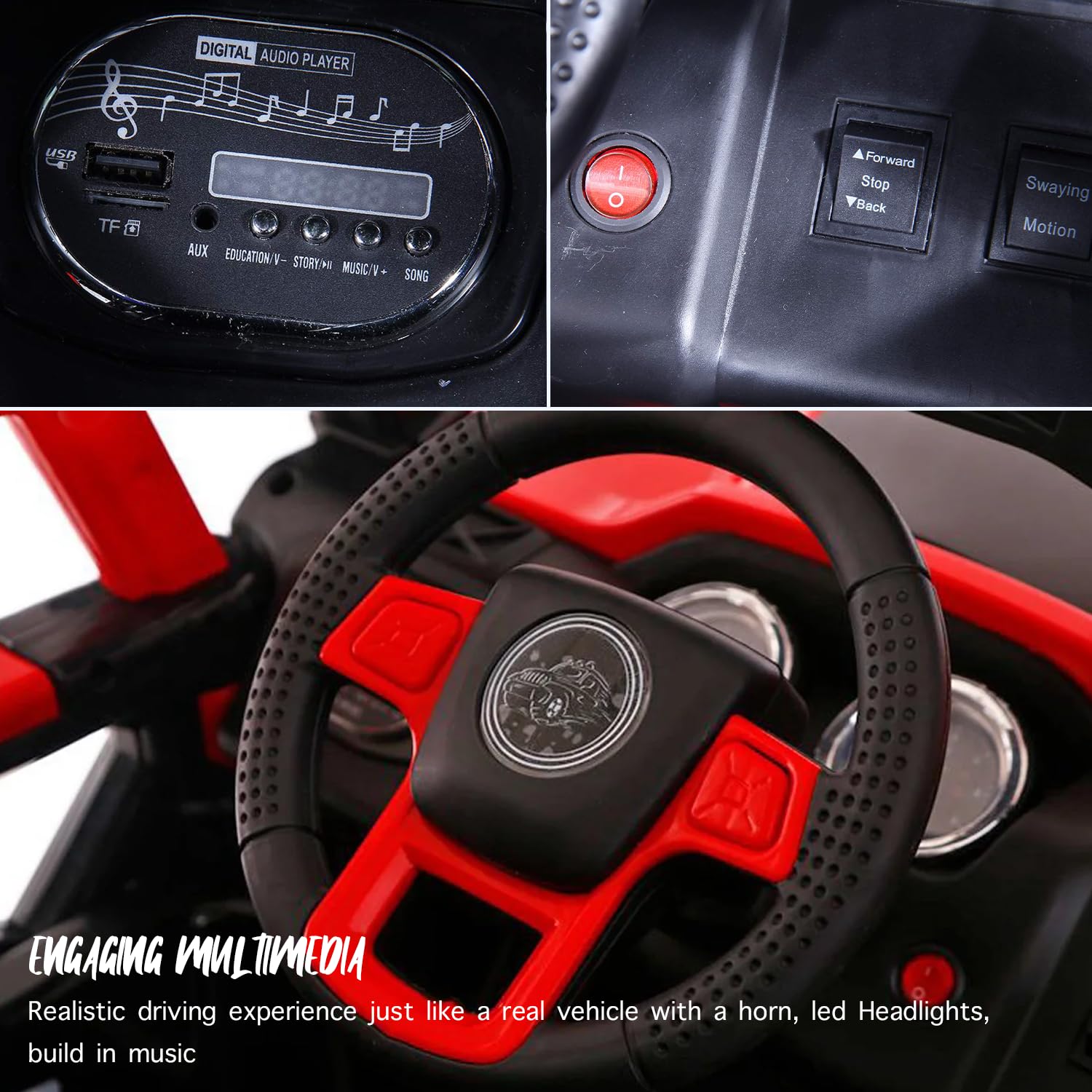 Red and black Battery Operated 4x4 Jeep ride-on toy for kids, featuring realistic lights, mu www.usmile.toys