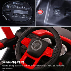 Red and black Battery Operated 4x4 Jeep ride-on toy for kids, featuring realistic lights, mu www.usmile.toys