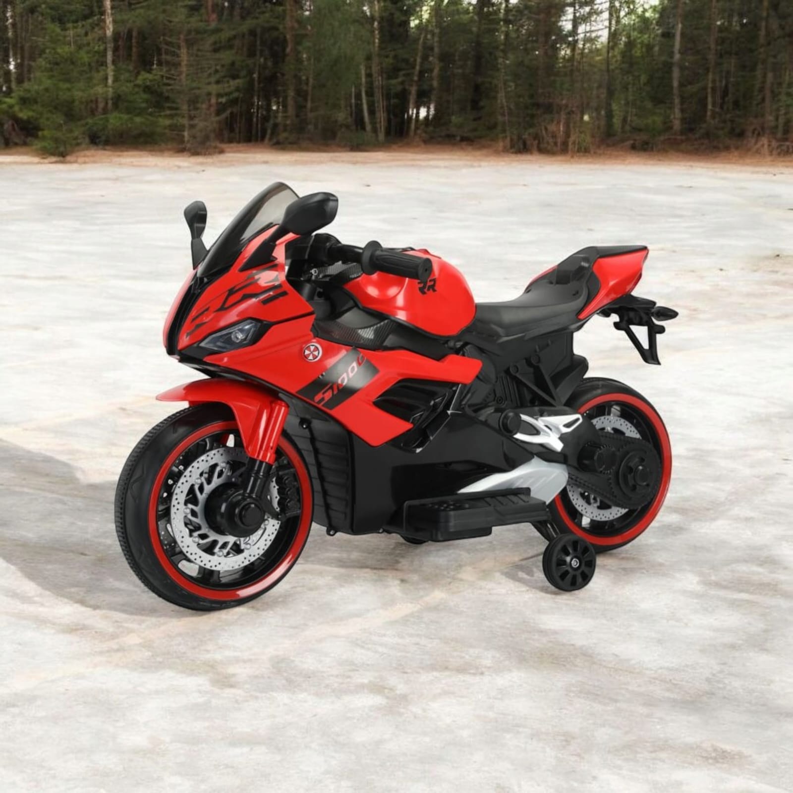 Kids' red electric ride-on motorbike with sleek design, training wheels, and silver engine details. www.usmile.toys