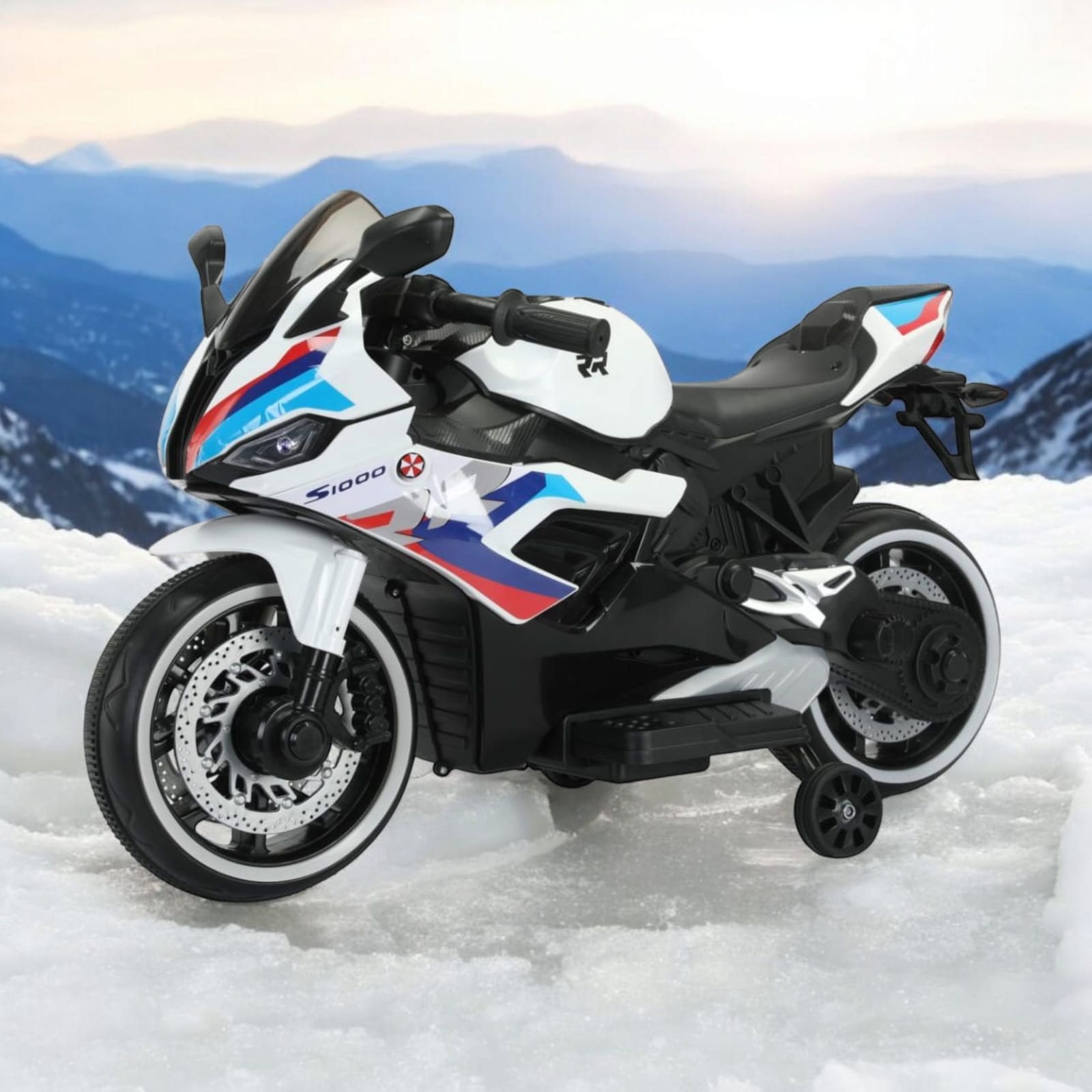 Kids' electric ride-on motorbike in white with BMW-style graphics, training wheels, and working headlights. www.usmile.toys