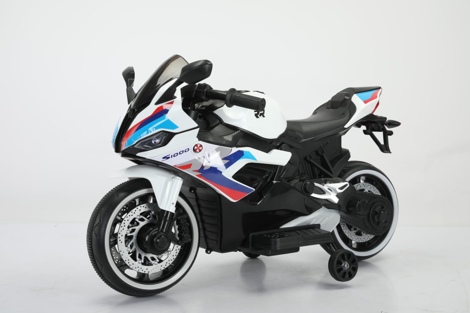 Kids' electric ride-on motorbike in white with BMW-style graphics, training wheels, and working headlights. www.usmile.toys 